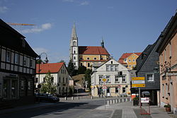 Main street with the Church of the Assumption of the Virgin Mary
