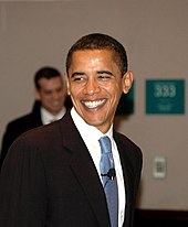 On the left: an image of Barack Obama in a black suit.