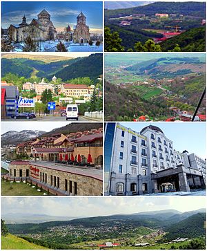 From top, left to right: Kecharis Monastery • Tsaghkadzor Olympic Complex Downtown Tsaghkadzor • Tsaghkadzor skyline Mariott Tsaghkadzor • Golden Palace Hotel Tsaghkadzor with Tsaghkunyats Mountains