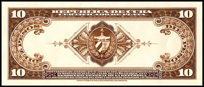Ten-peso silver certificate from the 1936 series, certified proof reverse, by the Bureau of Engraving and Printing