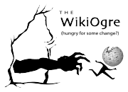 The WikiOgre banner: an ogre reaches out from its cave to snack on a passing Wikipedia article.