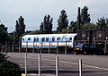 A Class 487 Waterloo & City line driving motor carriage in Network SouthEast livery being stored near to the National Railway Museum in York. These featured just three passenger doors per side - arranged as a pair and a single.