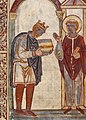 Image 56Frontispiece of Bede's Life of St Cuthbert, showing King Æthelstan presenting a copy of the book to the saint himself. c. 930 (from History of England)