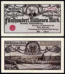 Five-hundred-million mark at German Papiermark, by the Free City of Danzig