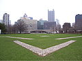 At Point State Park, bricks mark the outline of where Fort Duquesne was located.