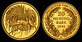 Image 14 German New Guinea Design credit: German New Guinea Company; photographed by the National Numismatic Collection German New Guinea was a German colonial protectorate established in 1884 in the northeastern part of the island of New Guinea and several nearby island groups. The German New Guinea Company was founded in Berlin by Adolph von Hansemann and a syndicate of German bankers for the purpose of colonizing and exploiting the protectorate's resources. This gold coin, worth 20 New Guinean marks, was issued by the German New Guinea Company in 1895, and is now part of the National Numismatic Collection at the Smithsonian Institution.