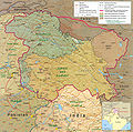 克什米尔地区地图，显示重迭的中国，印度和巴基斯坦领土主张