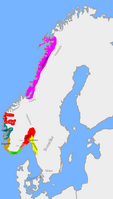 המלכויות הנורווגיות בסביבות 860 לאחר הספירה עם מותו של האלפדאן השחור. המלכות אותה הוריש האראלד הראשון מסומנת באדום
