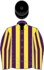 Purple and yellow stripes, black cap