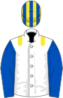White, yellow epaulettes, royal blue sleeves, yellow and royal blue striped cap