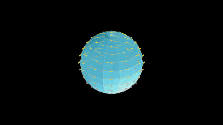 A sphere with arrows representing a Killing vector field of rotations about the z-axis. The sphere and arrows rotate, showing the flow along the vector field.