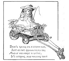 Cartoon of a child sitting in a cart hitched to a much smaller toy horse, as if expecting the horse to pull him along