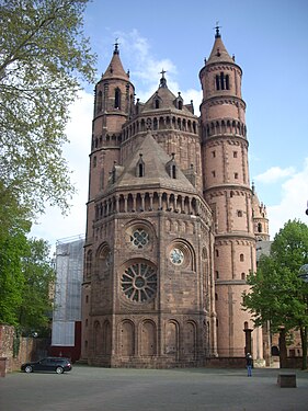 Worms Cathedral, Germany, is a double-apsed church with a side entrance.