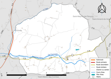 Carte en couleur présentant le réseau hydrographique de la commune