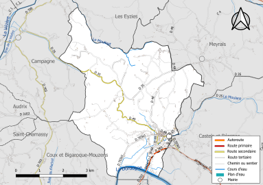 Carte en couleur présentant le réseau hydrographique de la commune