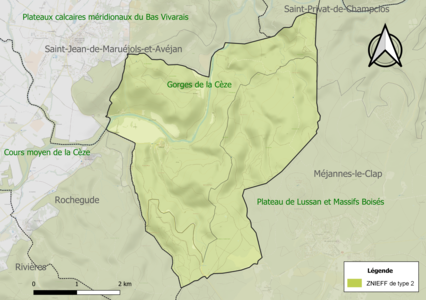 Carte des ZNIEFF de type 2 sur la commune.