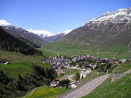 Andermatt looking west through the Urseren valley towards Hospental in front and the Furka Pass in the back (March 2005)