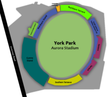 York Park is located next to a road, with its biggest stand near the road. There are seven different stands surrounding the perimeter of the grassed oval, with varying shapes and sizes.