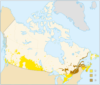 The Bilingual Belt. In most of Canada, either English or French is predominant. Only in the intermittent "belt" stretching between northern Ontario and northern New Brunswick, and in a few other isolated pockets, do the two languages mix on a regular basis.   English   English and French (Bilingual Belt)   French   Sparsely populated areas (< 0.4 persons per km2)