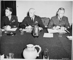 General Marshall with General of The Air Force Henry H. Arnold and Air Force Major General Lauris Norstad at The Potsdam Conference in Germany, 21 July 1945.
