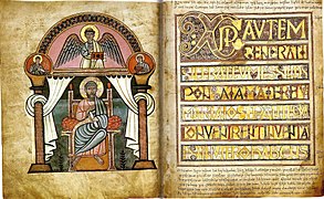 Codex Aureus de Estocolmo o de Canterbury,[34]​ con la representación de San Mateo y el texto de su Evangelio (1:18). Procede de Southumbria[35]​ (norte de Mercia) a mediados del siglo VIII.