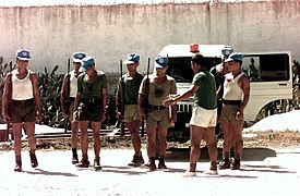 Malaysian soldiers with L1A1 rifles in their headquarters, near the airport in Mogadishu during Operation Restore Hope.