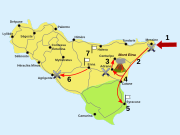 Carte montrant les positions romaines, puniques et syracusaines en Sicile entre 264 av. J.-C. et 262 av. J.-C..