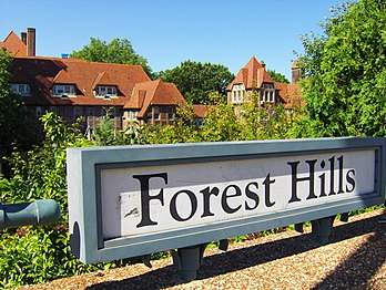 A station sign at the Forest Hills station; this sign design is limited to the Forest Hills station.