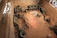 Tomb of Fu Hao, principal queen of the Shang dynasty in the 1200s BC. Several human skeleton remains lay in the tomb's burial pit.