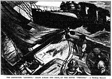 A contemporary artist's impression of the collision between Spiteful and the barge Preciosa in 1905