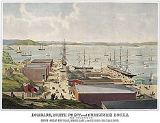 Lombard, North Point and Greenwich Docks, San Francisco Bay. (1857) Hand-colored lithograph on paper.