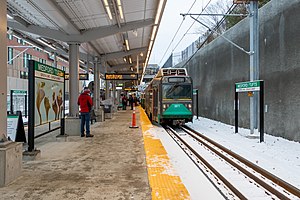 A light rail station in a railway cut