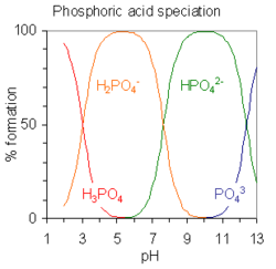 los ácidos con más de un átomo de hidrógeno ionizable se denominan ácidos poliprótidos, y tienen muchos estados de desprotonación, también llamados especies. Esta muestra el porcentaje relativo de las diferentes especies protonadas del ácido fosfórico H3PO4 en función del pH de la solución. El ácido fosfórico tiene tres átomos de hidrógeno ionizables cuyos pKa están alrededor de 2, 7 y 12. A pH inferior a 2 predomina la especie triplemente protonada H3PO4; la especie doblemente protonada H2PO4- predomina alrededor de pH 5; la especie monoprotonada HPO42- predomina alrededor de pH 9 y la especie desprotonada PO43- predomina por encima de pH 12.