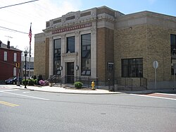 The historic bank building in Rising Sun