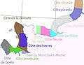 The various "Côtes" (coastal names) in Normandy.