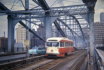 A streetcar crossing the bridge in 1966, southbound