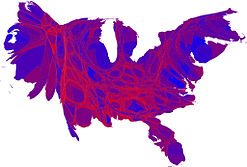 Cartogram of popular vote with each county rescaled in proportion to its population. Deeper blue represents a Democratic majority; brighter red represents a Republican majority.[179]