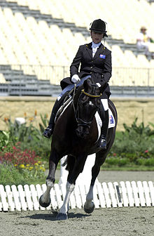 Photo of a woman riding a dark horse