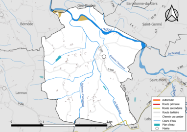 Carte en couleur présentant le réseau hydrographique de la commune