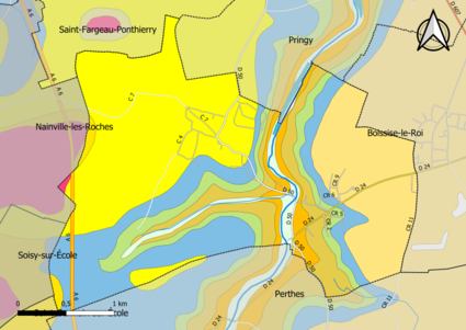 Carte montrant en couleurs le zonage géologique simplifié d'une commune