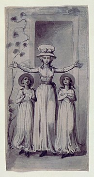 Drawing showing a female teacher holding her arms up in the shape of a cross. There is one female child on each side of her, both gazing up at her.