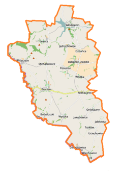 Mapa konturowa gminy Branice, po lewej znajduje się punkt z opisem „Przejście graniczneBranice-Úvalno”