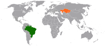 Mapa indicando localização do Brasil e do Cazaquistão.