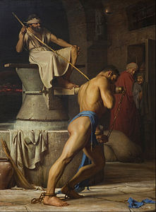 Samson prisonnier des Philistins tourne la meule de la prison, 1863 par Carl Bloch.