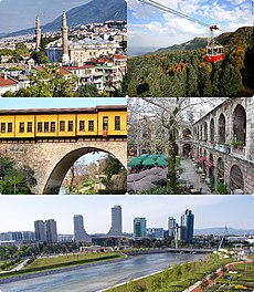 No sentido dos ponteiros do relógio desde o canto superior esquerdo: 1) Torre do relógio de Bursa; 2) Zafer Plaza; 3) A vista do centro da cidade; 4) Bursa Parque Botânico; 5) Teleférico de Uludağ