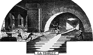 Coulée du métal en fusion dans les canaux ménagés dans le sol, 1859.