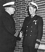 Lt. John F. Kennedy, USNR, is awarded the Navy and Marine Corps medal for "...extremely heroic conduct as Commanding Officer of Motor Torpedo Boat 109...". The Medal was presented to John F. Kennedy by Captain Frederick L. Conklin, Commandant of the Chelsea Naval Hospital, at the hospital in Massachusetts for Kennedy's heroics in the rescue of the crew of PT 109 during WWII on August 2, 1943 when the motor torpedo boat was struck by a Japanese destroyer.