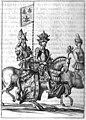 Clovis tenant sa bannière dans une gravure anglaise (Jacob van Werden (en), Lilium Francicum, 1658).