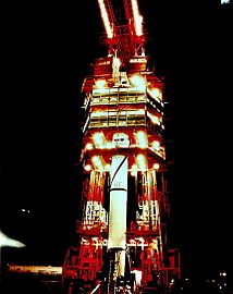 Explorer 1 and Juno I booster in gantry at LC-26A