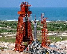 Atlas - with spacecraft mounted - on launch pad at Launch Complex 14
